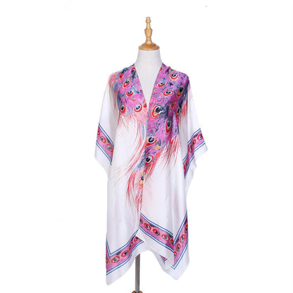 Leopardenmuster Imitationsseidenstoff Sonnenschutz Strand Strand vertuschen Kimono Cardigan Badeanzug