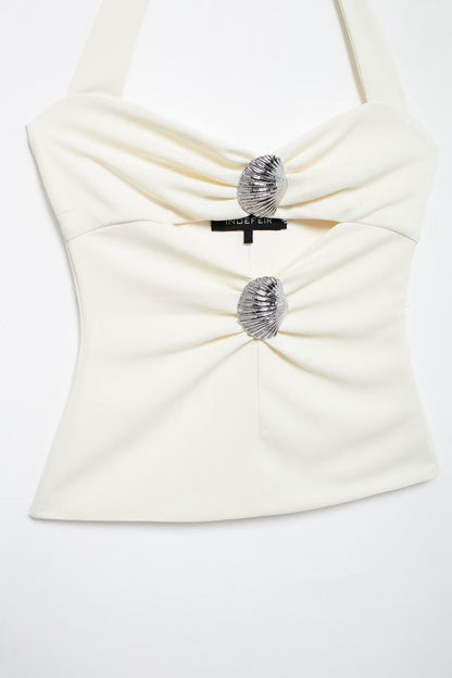 Ropa de mujer Top corto con cuello colgante y incrustaciones de conchas