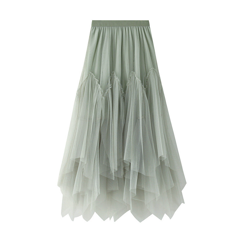 Skirt Autumn Winter Women Mid-Length A line Skirt Tulle Tutu Skirt Long Skirt Mesh Fresh Irregular Asymmetric Pleated Skirt