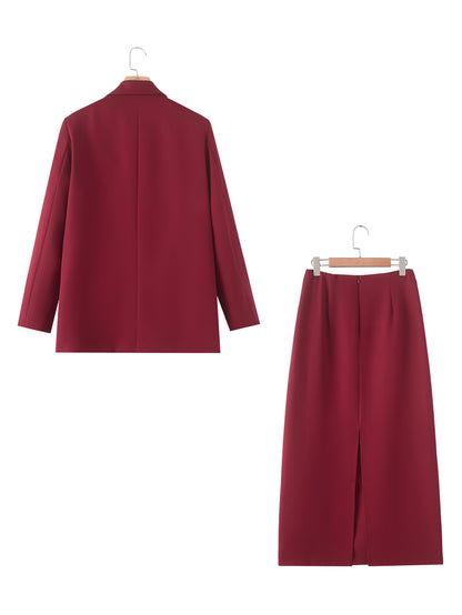 Women Fall Red Blazer Mid Length Back Slit Skirt Sets