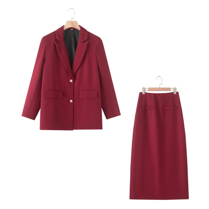 Women Fall Red Blazer Mid Length Back Slit Skirt Sets