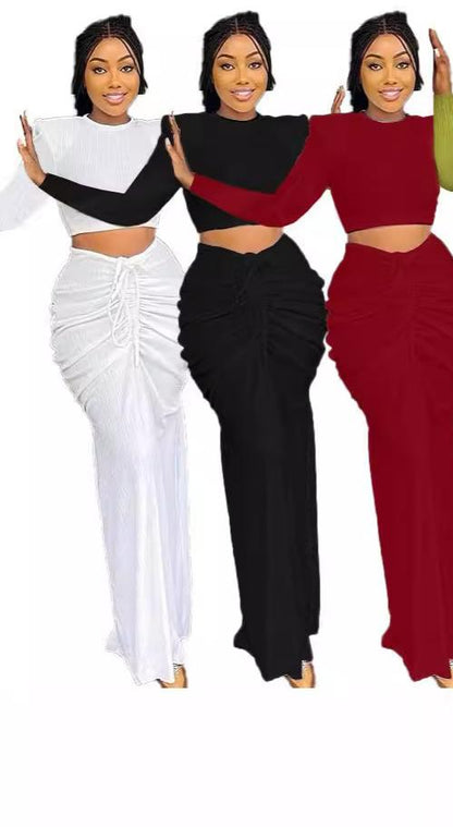 Women Suit Tight Shirred Skirt Sexy Women Clothing Long Sleeve Pleated Cropped Outfit Skirt Set