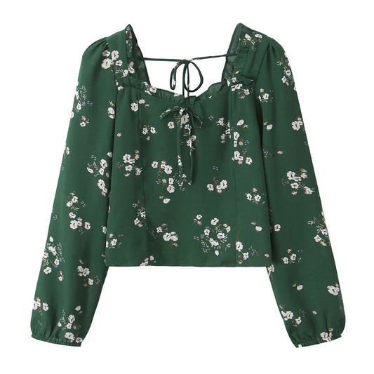 Camisa de manga larga entallada con cuello en forma de corazón con flores pequeñas de estilo francés vintage, con cordones y orejas de madera, para otoño