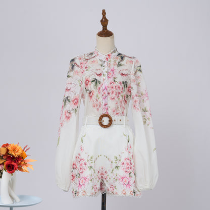 Women Spring And Autumn Stand Collar Single Breasted Flower Top Two Piece High Waisted Shorts Sets