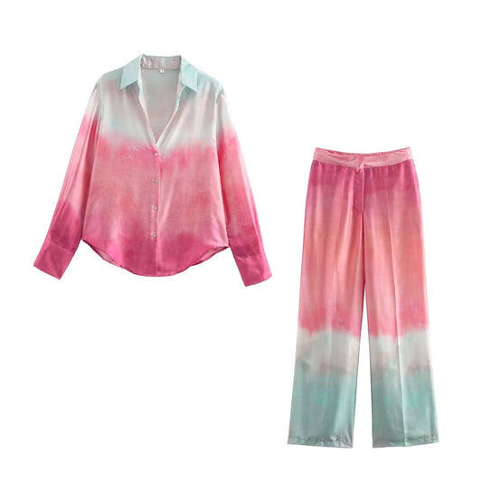 Women Clothing Spring Tie Dye Printed Shirt Trousers Sets