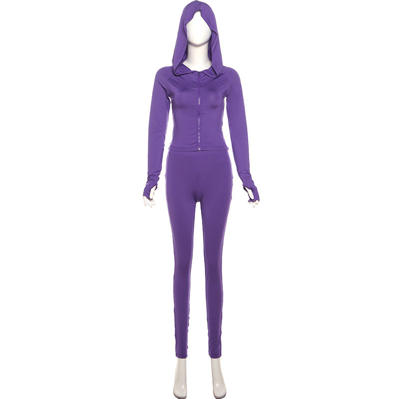 Summer Women Sports Long Sleeve V Neck Zipper Slim Fit Tight Trousers Suit