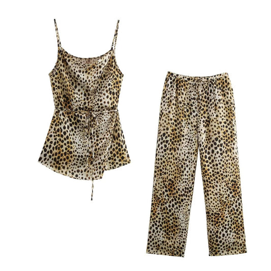 Women Clothing Summer Animal Pattern Printed Top Printed Silk Satin Textured Pants Sets