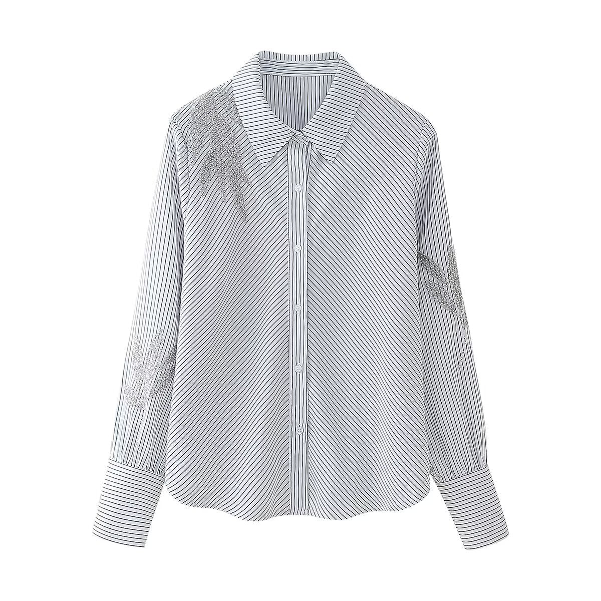 Camisa de rayas con diseño bordado con cuentas para mujer Camisa de otoño para mujer