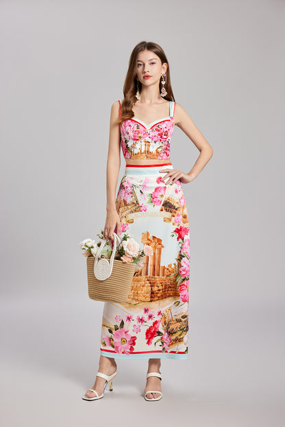 Summer Printed Stitching Three Dimensional Tube Top Strap Skirt Two Piece Set With Breast Pad