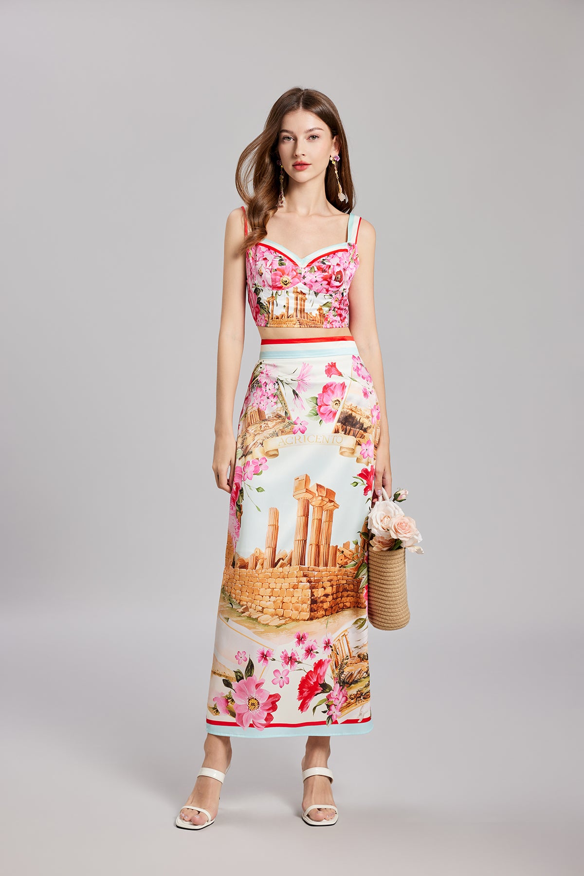 Summer Printed Stitching Three Dimensional Tube Top Strap Skirt Two Piece Set With Breast Pad