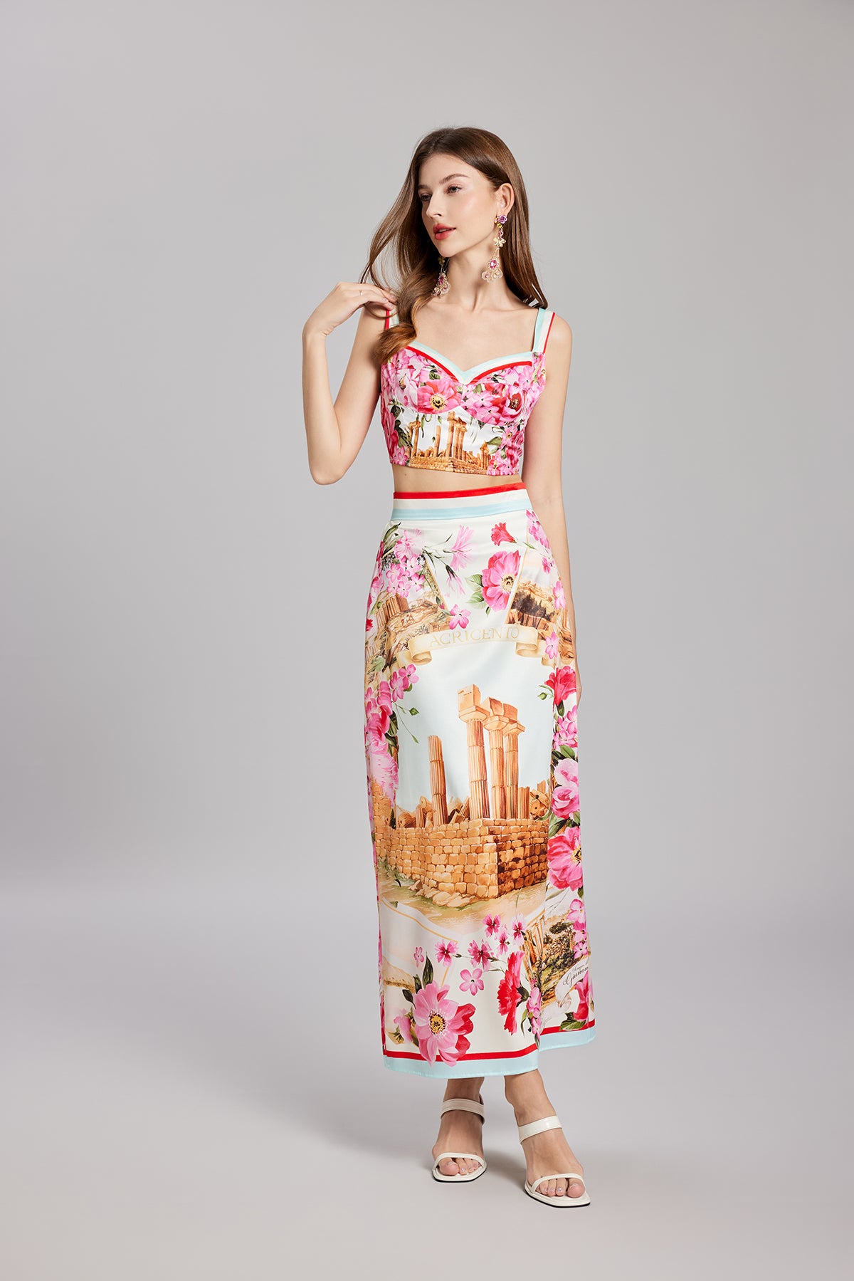 Summer Printed Stitching Three Dimensional Tube Top Strap Skirt Two Piece Set With Breast Pad