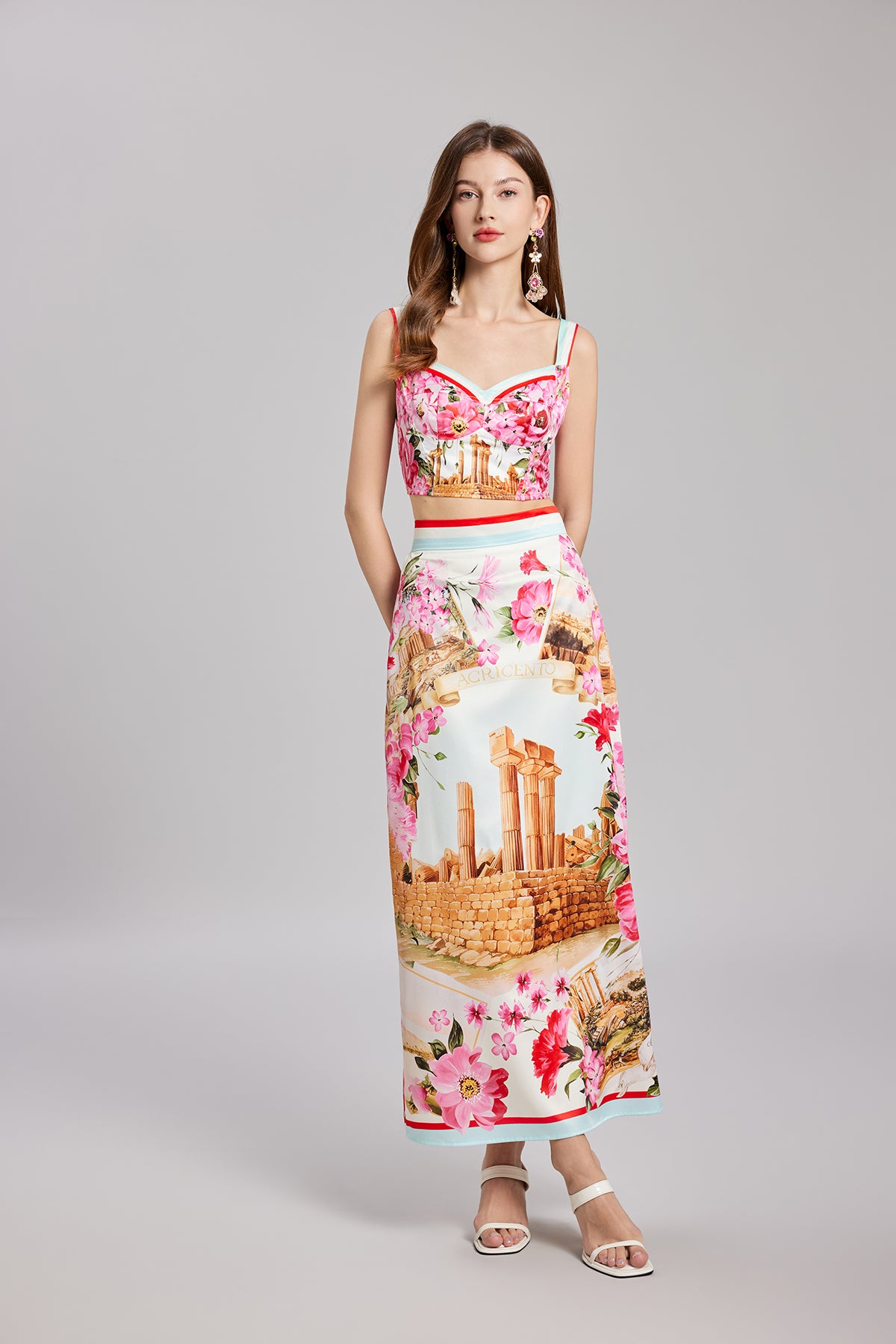 Summer Printed Stitching Three Dimensional Tube Top Strap Skirt Two Piece Set With Breast Pad