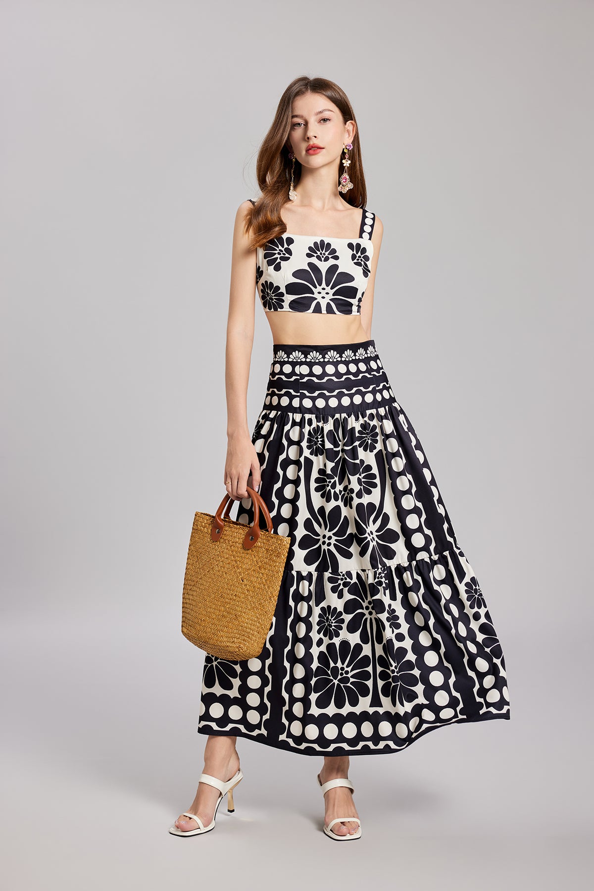 Black White Flower Camisole High Waist Skirt Two Piece Set