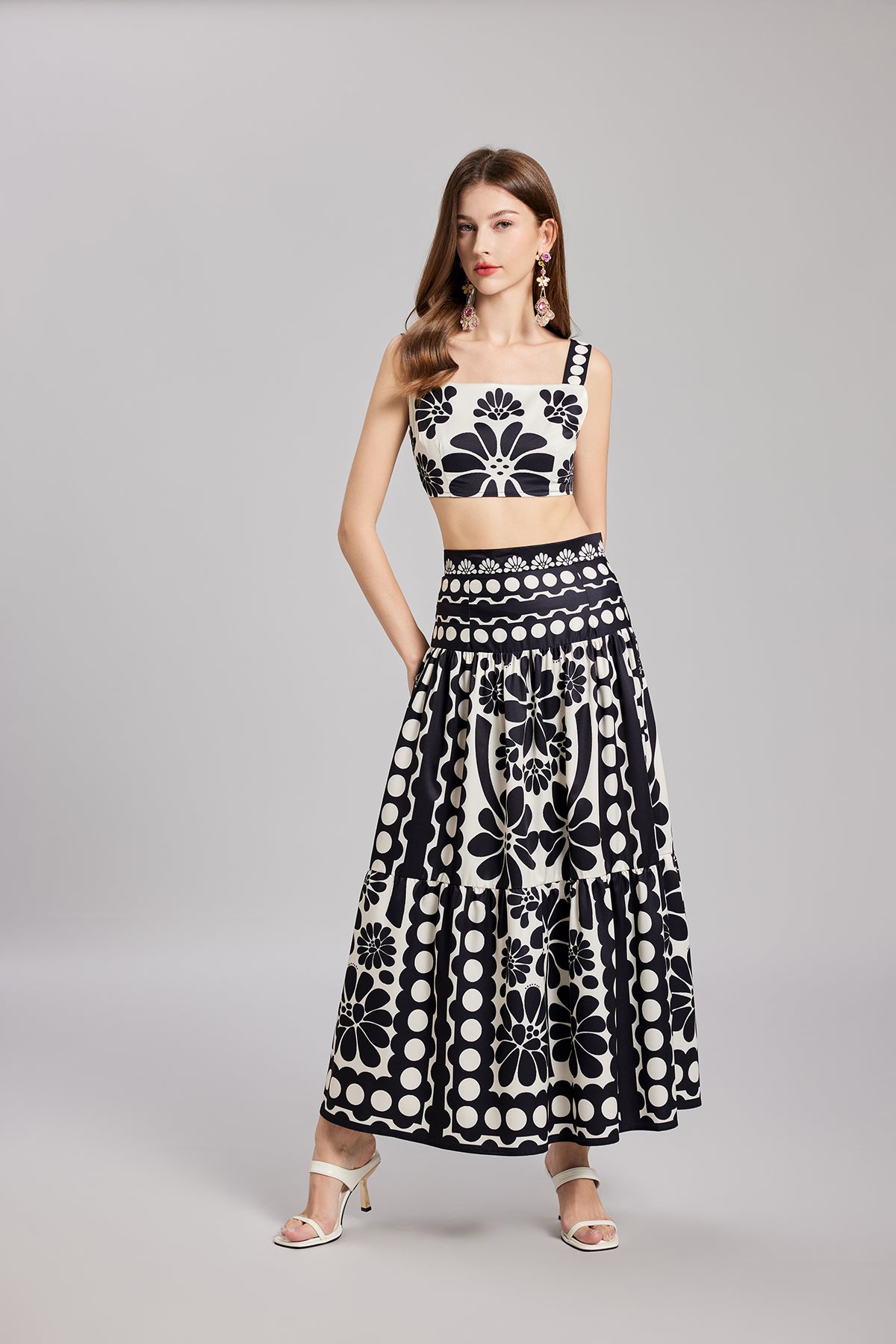 Black White Flower Camisole High Waist Skirt Two Piece Set