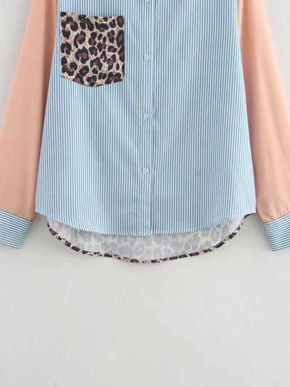 Camisa holgada retro informal con cuello, manga larga, bolsillo, estampado en contraste de color para mujer