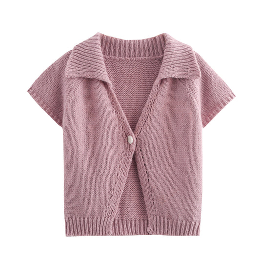 Women Clothing Fall Retro Casual Office Button Thick Needle Sweater With Short Sleeves