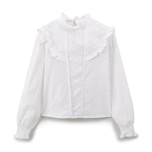 Women Clothing Casual Lace French Cotton round Neck Embroidered Shirt