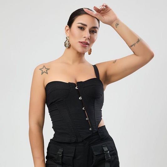 Sexy, nicht dehnbares One-Shoulder-Top mit Schnürung, einreihiges Korsett mit Stäbchen, unregelmäßige asymmetrische Weste