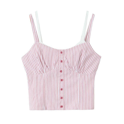 French Vintage Stripe Small Sling Sexy Slim Fit Faux Zweiteiler Kleines Top Doppellagiges Camisole mit Schultergurt