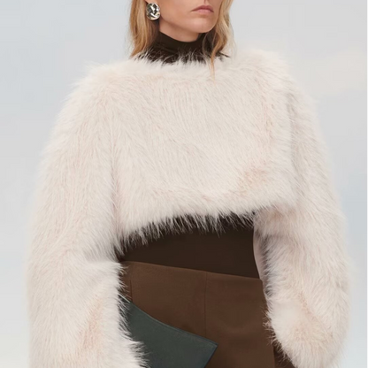 Women Solid Color Long Sleeve Artificial Fur Effect Top