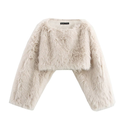 Women Solid Color Long Sleeve Artificial Fur Effect Top