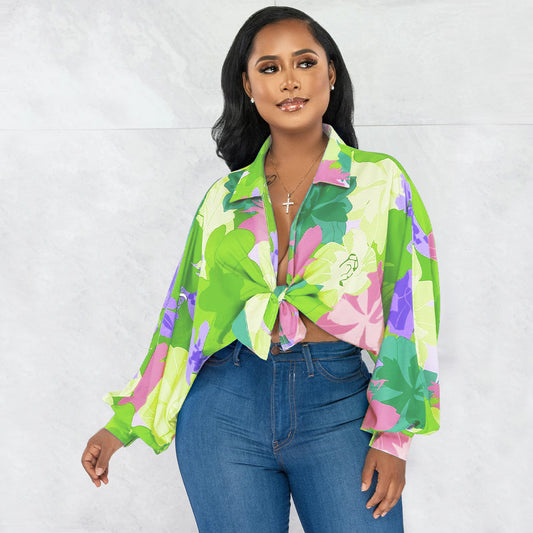 Ropa de mujer Camisa estampada con cuello y mangas murciélago