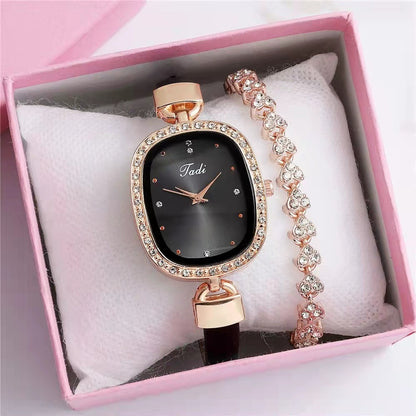 Reloj de pulsera para mujer, traje de dos piezas, reloj de cuarzo para mujer, reloj de moda con cinturón fino y diamantes de imitación