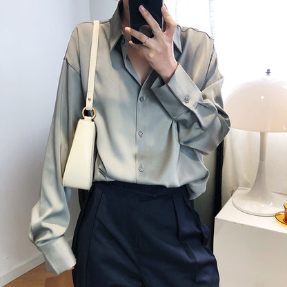 Satin Chiffon Shirt Women Spring Fall Sense Niche Young Solid Color Drape Satin Top