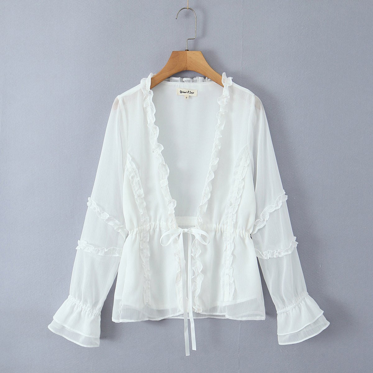 Wooden Ear Stitching Light Yarn See through Drawstring Lace Shacket Spring Slim Top