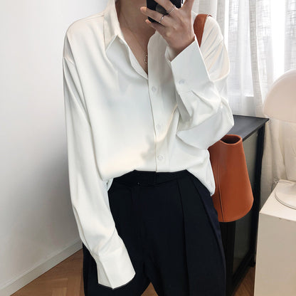 Satin Chiffon Shirt Women Spring Fall Sense Niche Young Solid Color Drape Satin Top