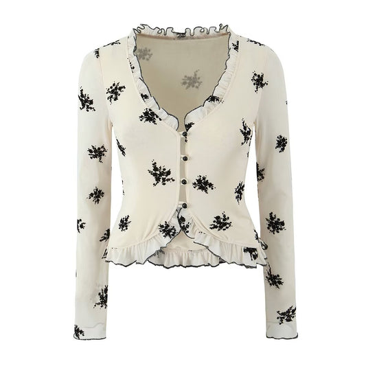 Women Clothing Elegance Retro V neck Design Floral Print Long Sleeve Comfortable Cardigan