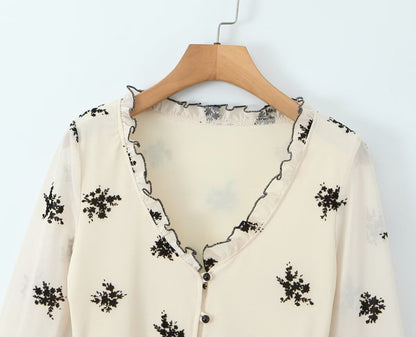 Women Clothing Elegance Retro V neck Design Floral Print Long Sleeve Comfortable Cardigan