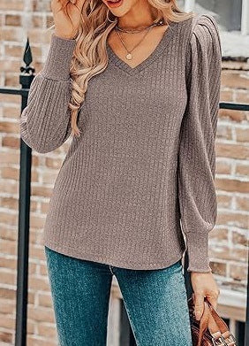 Women Knitted Shirt Soft Bubble Long Sleeve Shirt Top Lightweight V neck