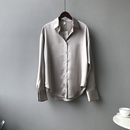 Camisa Primavera Coreano Color Sólido Elegante Suelta Adelgazante Camisa De Manga Larga Con Cuello Para Mujer