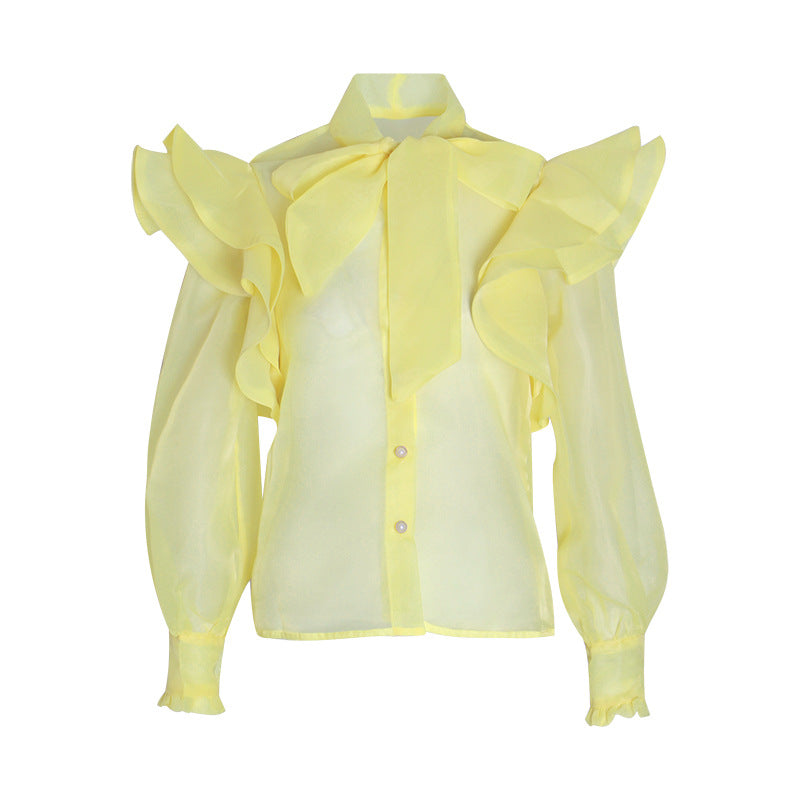 Palace See through Organza Shirt Women Autumn Bow Lace up Stand-up Collar Lantern Sleeve Slim Fitting Blouse