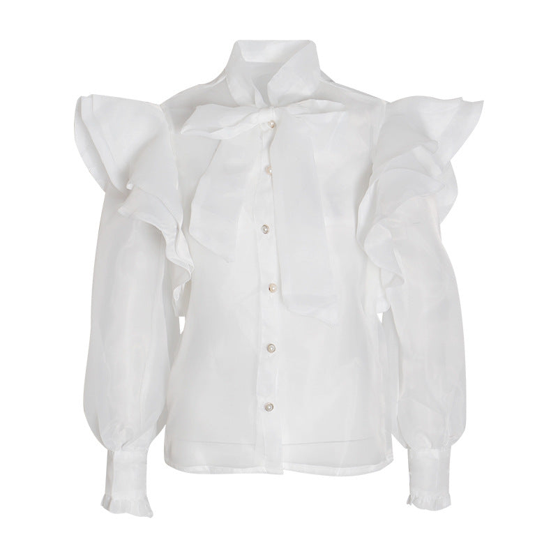 Palace-camisa transparente de Organza para mujer, blusa ajustada con lazo y cordones y cuello levantado, manga acampanada