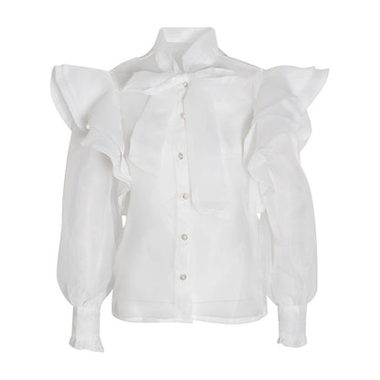 Palace-camisa transparente de Organza para mujer, blusa ajustada con lazo y cordones y cuello levantado, manga acampanada