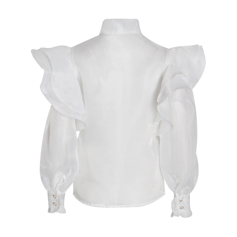 Palace-camisa transparente de Organza para mujer, blusa ajustada con lazo y cordones y cuello levantado, manga acampanada