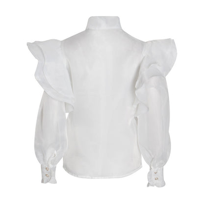 Palace See through Organza Shirt Women Autumn Bow Lace up Stand-up Collar Lantern Sleeve Slim Fitting Blouse