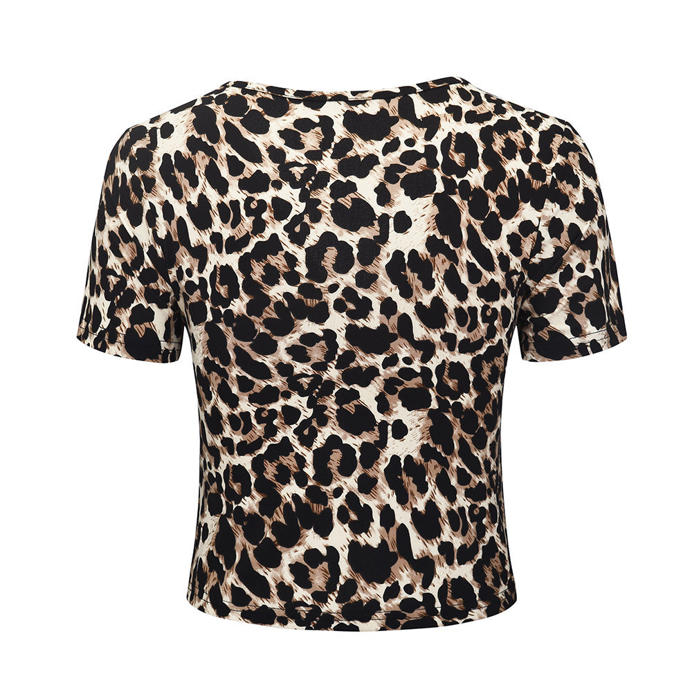 Camiseta de verano popular con escote en V y manga corta ajustada con estampado de leopardo y serpentina expuesta con corte cruzado para mujer