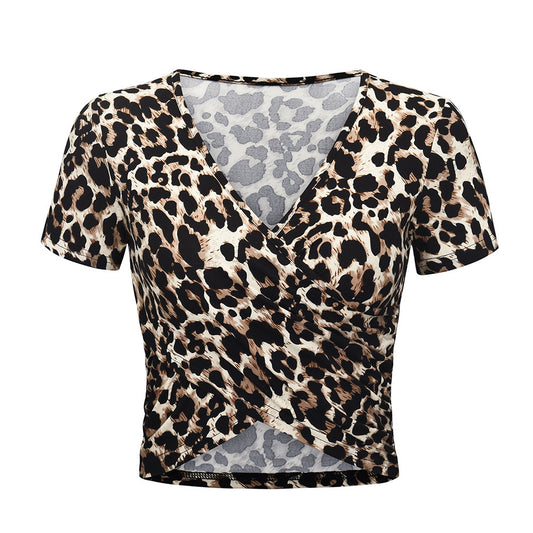 Summer Popular V Neck Short Sleeve Slim Fit Leopard Print Serpentine Exposed Cropped Cross Women T Shirt