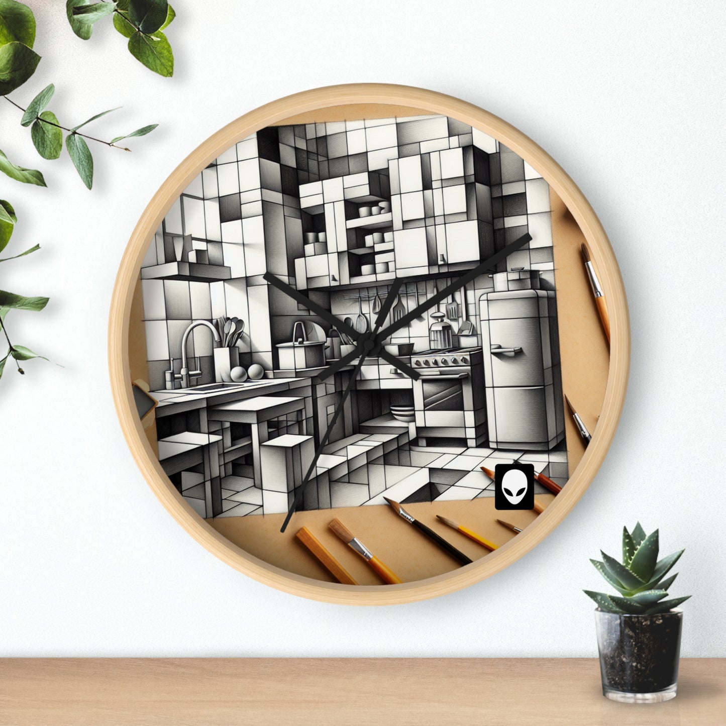 "Collage de cocina cubista" - El reloj de pared alienígena estilo cubismo