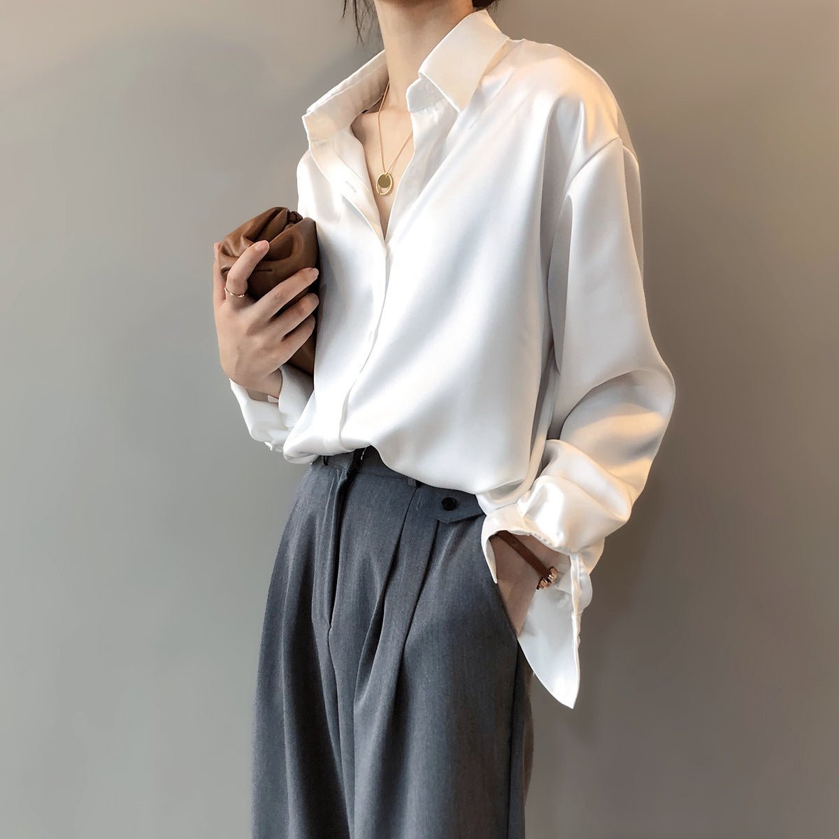 Shirt Spring Korean Solid Color Elegant Loose Slimming Long Sleeve Collared Shirt for Women