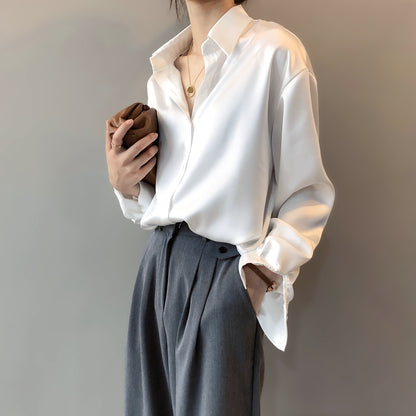 Shirt Spring Korean Solid Color Elegant Loose Slimming Long Sleeve Collared Shirt for Women