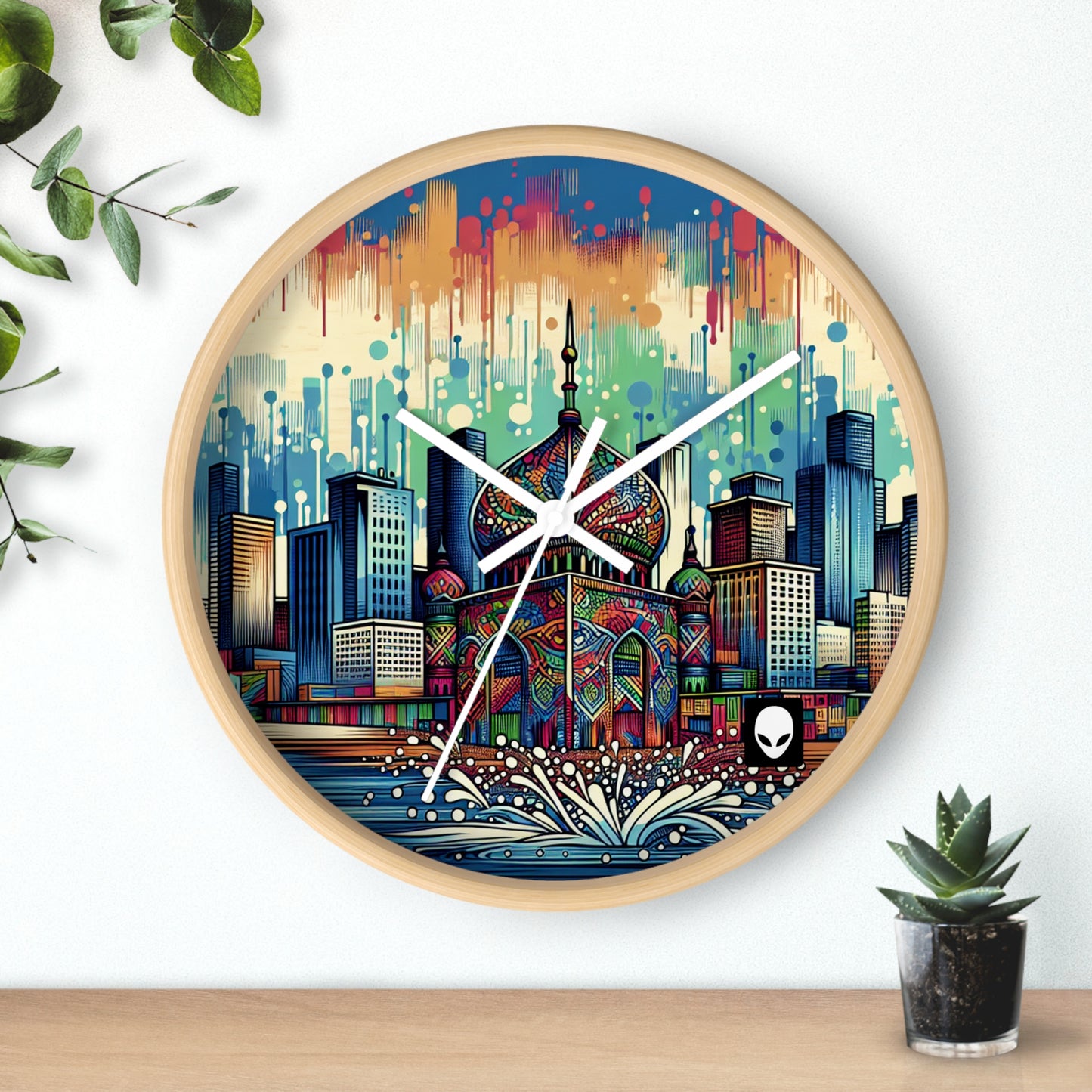 "Bright City: A Pop of Color on the Skyline" - The Alien Wall Clock Street Art / Graffiti Style