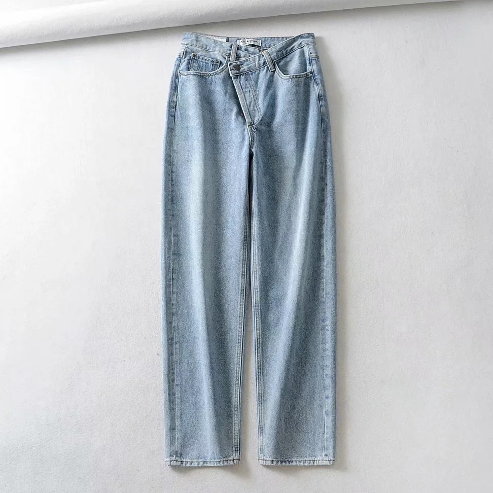 Spring Jeans Women Loose Light Color Internet Celebrity Star Chiya Na Tie Same Wrong Waist Daddy Trousers
