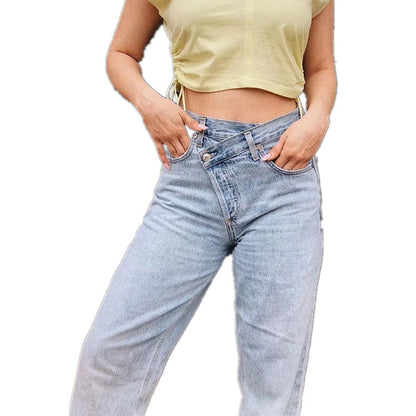 Frühlingsjeans Damen lockere helle Farbe Internet-Promi-Star Chiya Na Krawatte gleiche falsche Taille Papa Hose