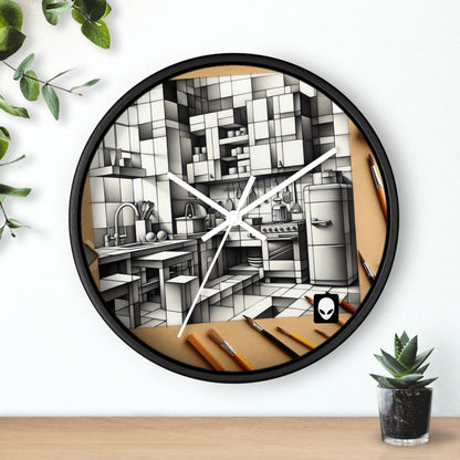 "Cubist Kitchen Collage" - Die Alien Wanduhr im Kubismus Stil