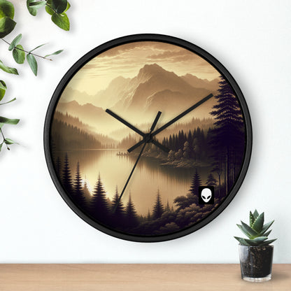 "Amanecer en el lago: Una mañana de montaña con niebla" - El estilo tonalista del reloj de pared alienígena