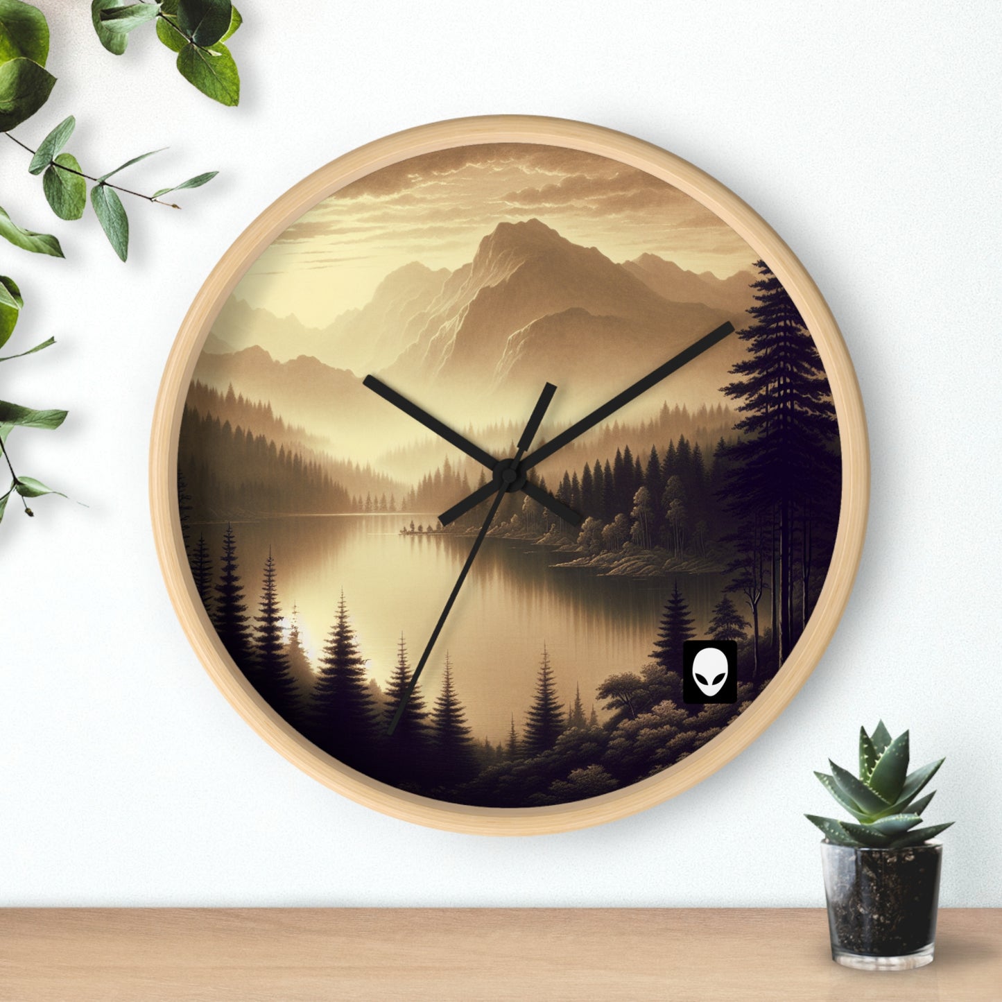 "Amanecer en el lago: Una mañana de montaña con niebla" - El estilo tonalista del reloj de pared alienígena